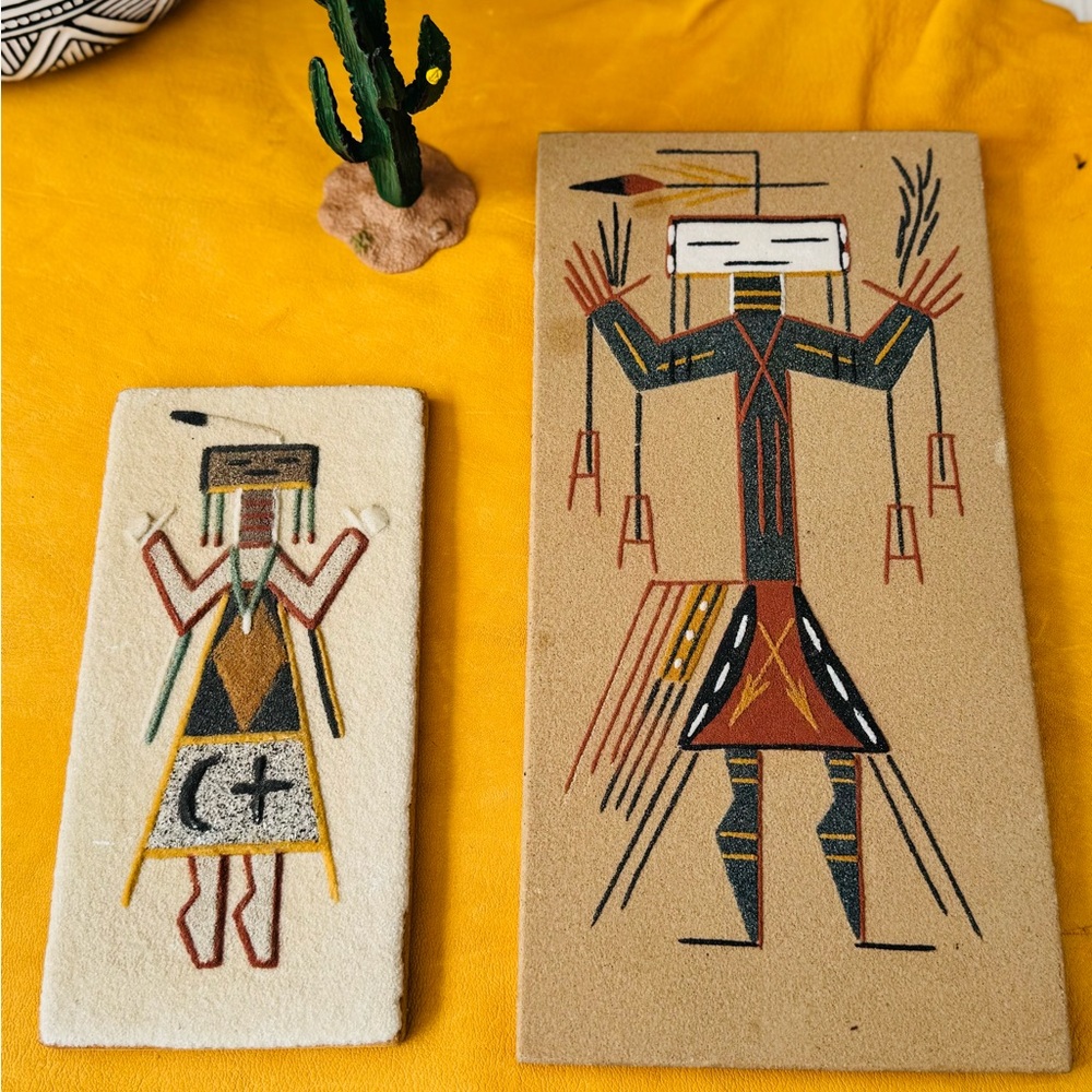 Pair 2 Signed Navajo Sand Art Holy Girl Holy Man Dry Painting